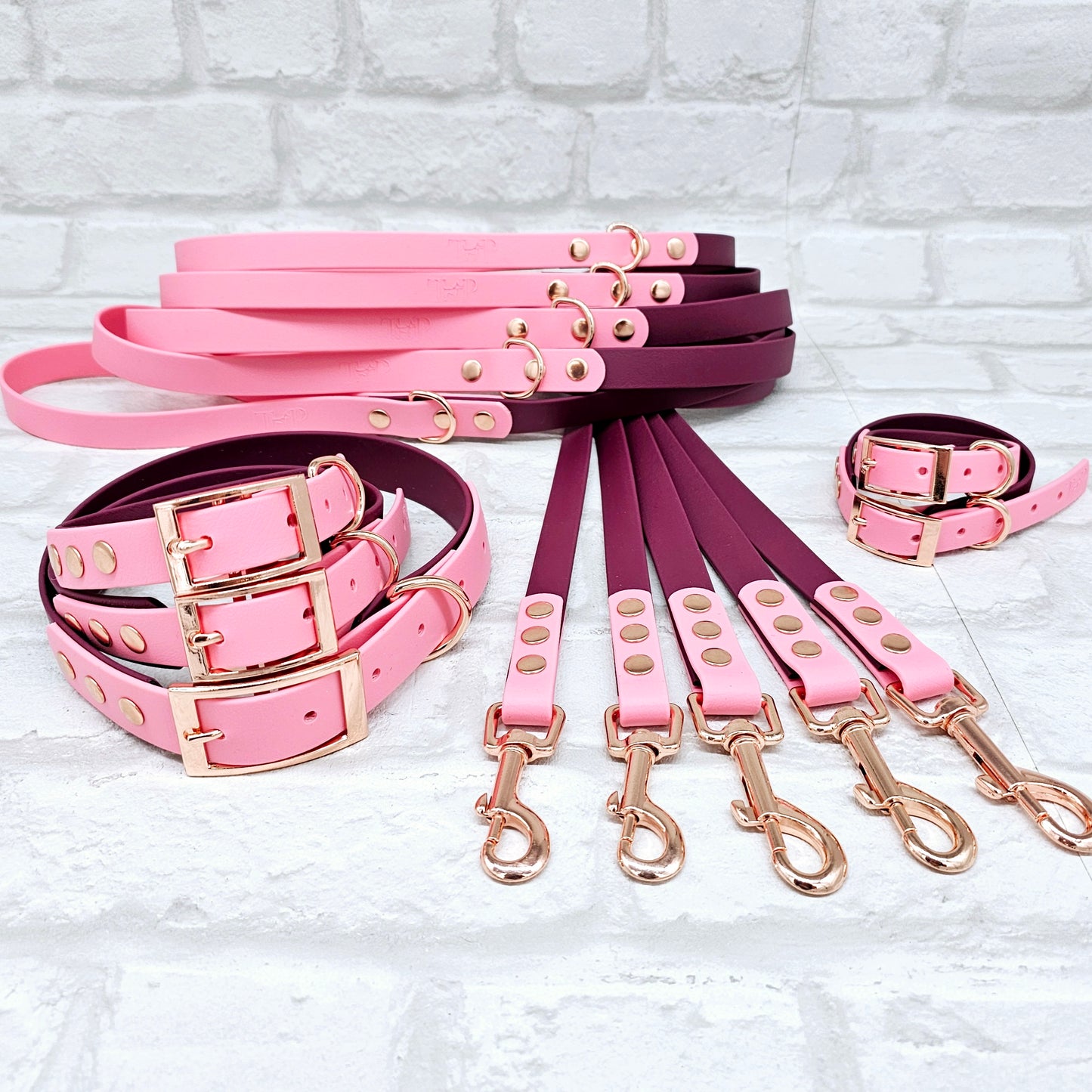 BURGUNDY / BABY PINK - Waterproof BioThane© 2-coloured Dog Collar/Lead/Set/Bundle