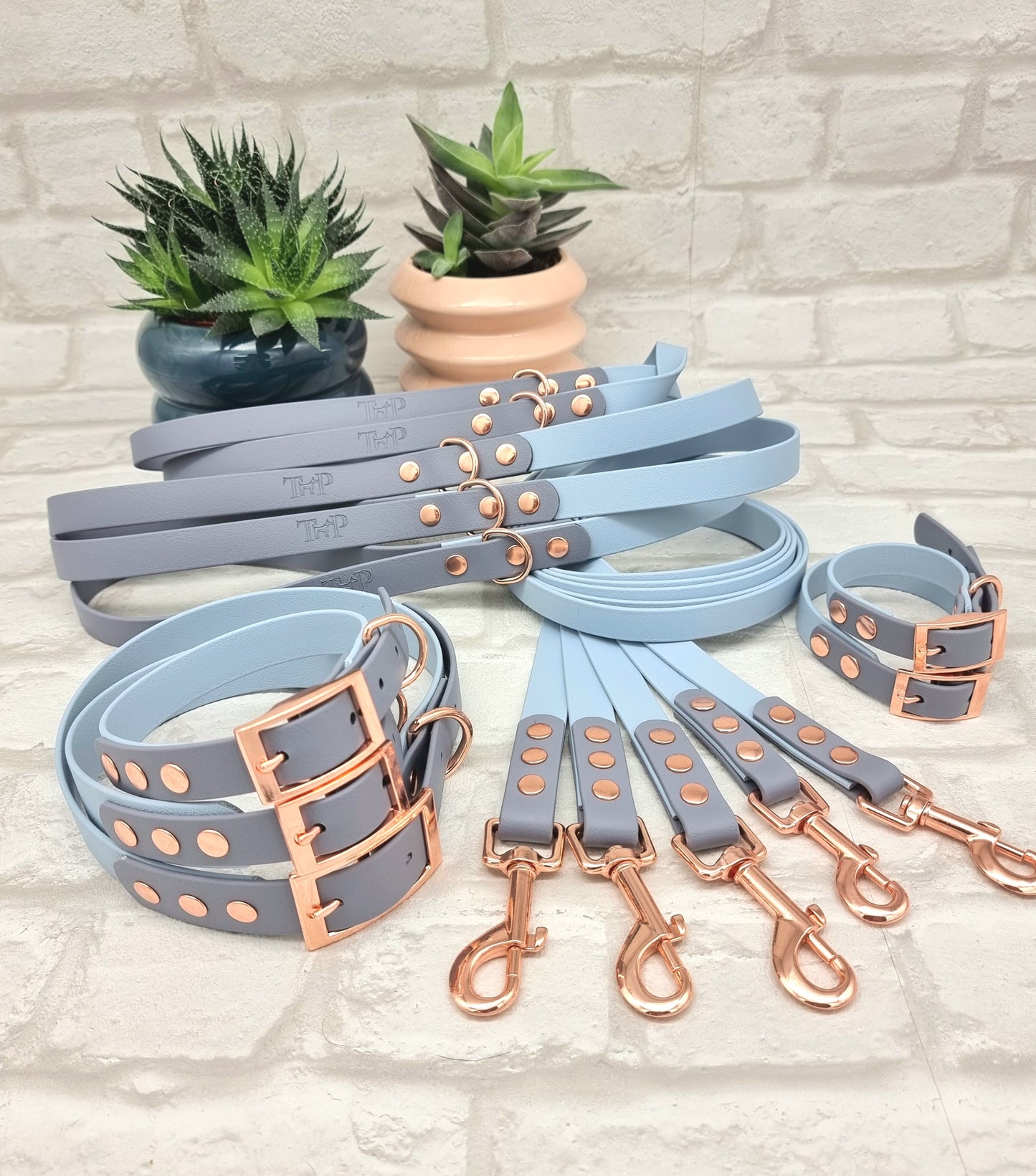 PASTEL BLUE / GREY - Waterproof BioThane© 2-coloured Dog Collar/Lead/Set/Bundle