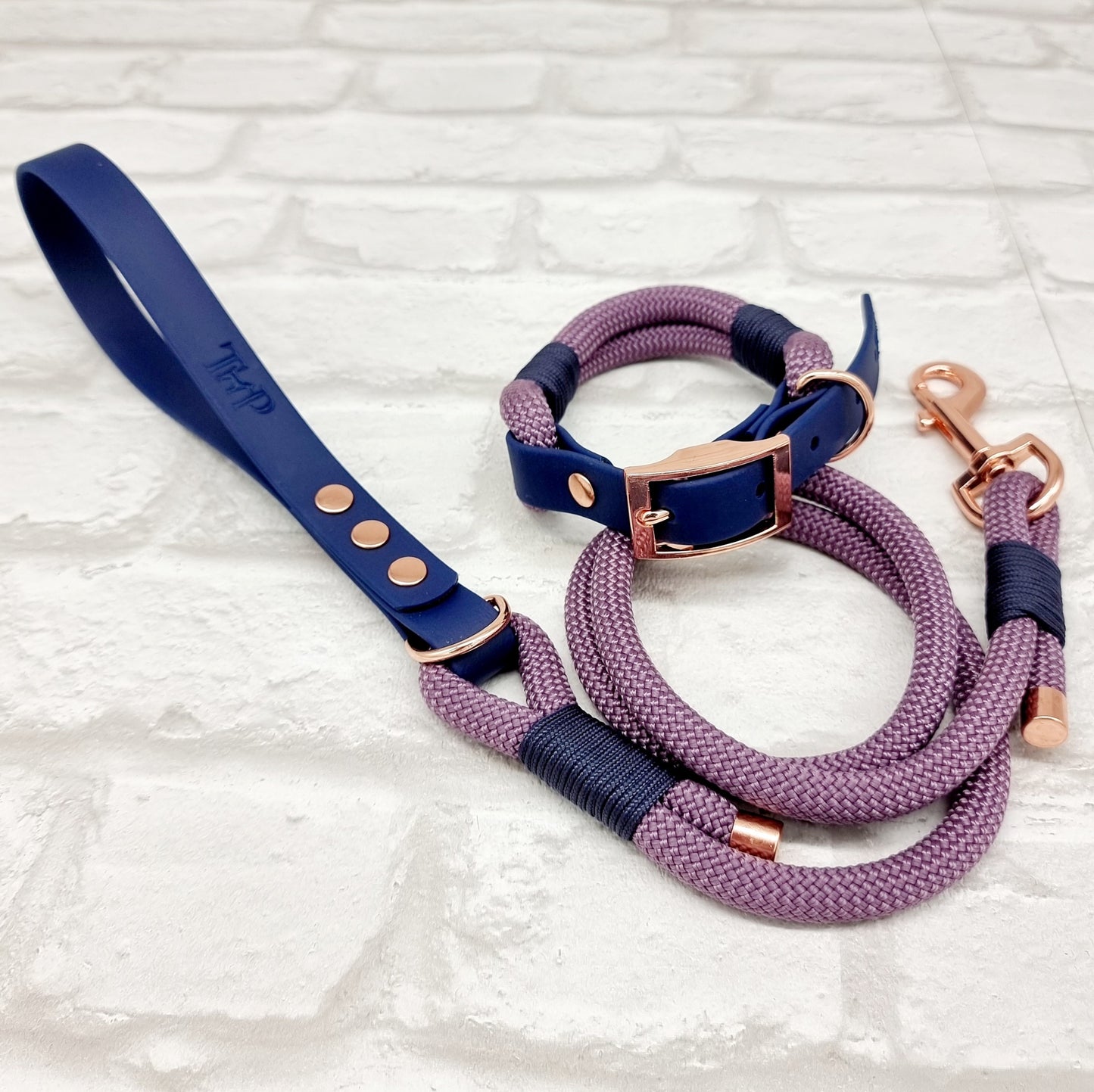 MAUVE & NAVY - Premium Rope & BioThane® Dog Collar/Lead/Bundles
