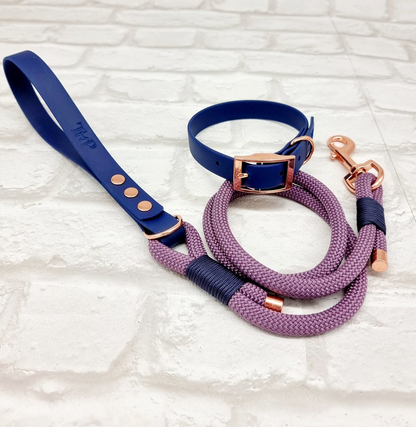 MAUVE & NAVY - Premium Rope & BioThane® Dog Collar/Lead/Bundles