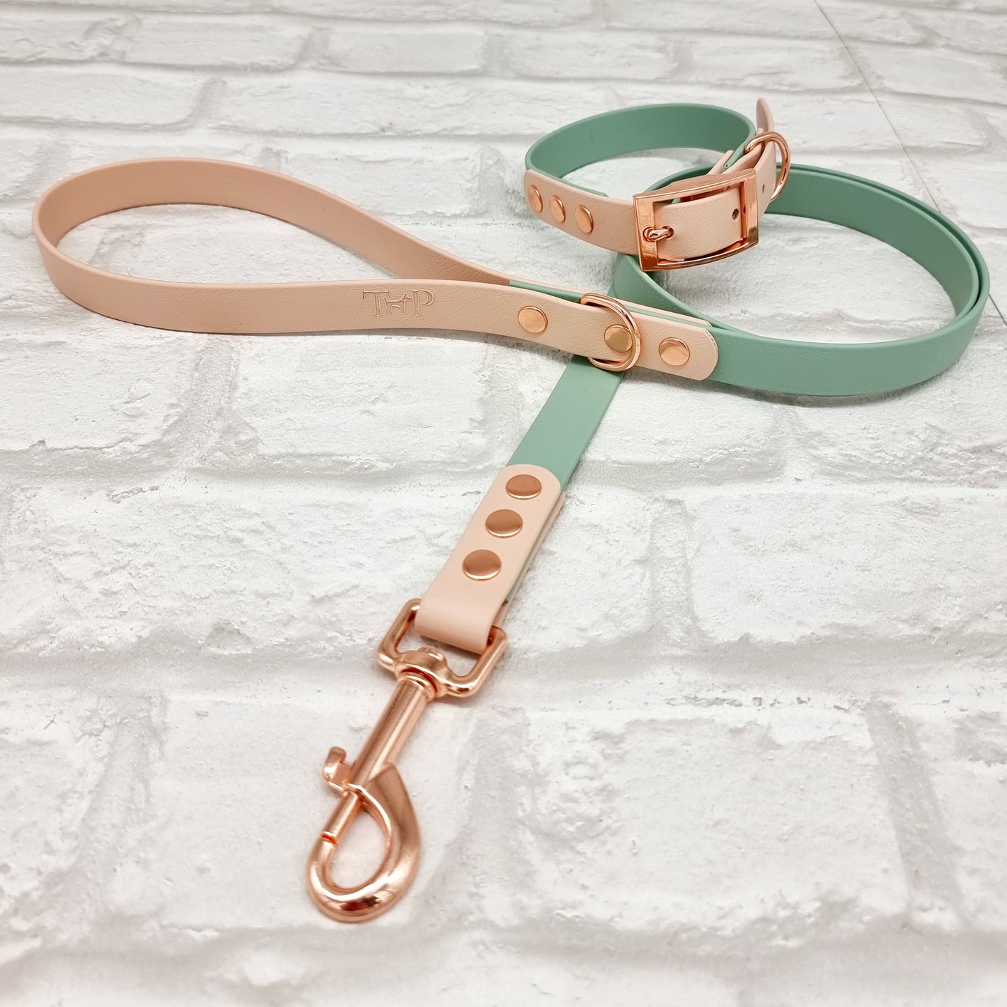 SAGE / POWDER PEARL - Waterproof BioThane© 2-coloured Dog Collar/Lead/Bundle