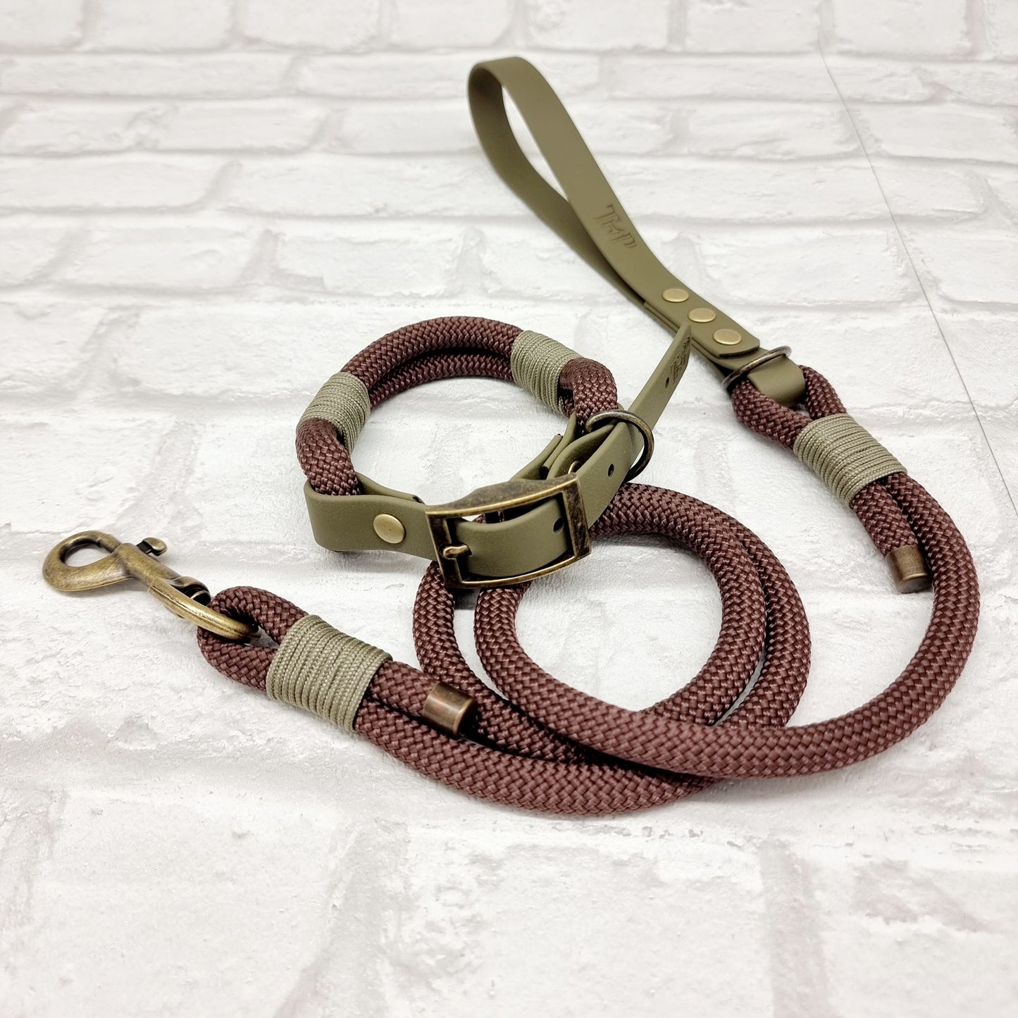 JfP PAF - CHOCBROWN & OLIVE - Rope & BioThane® Dog Collar & Lead