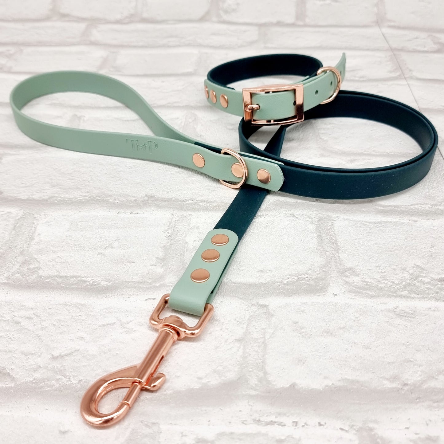 JfP PAF - DK GREEN / SAGE - Waterproof BioThane© 2-coloured Dog Collar & Lead
