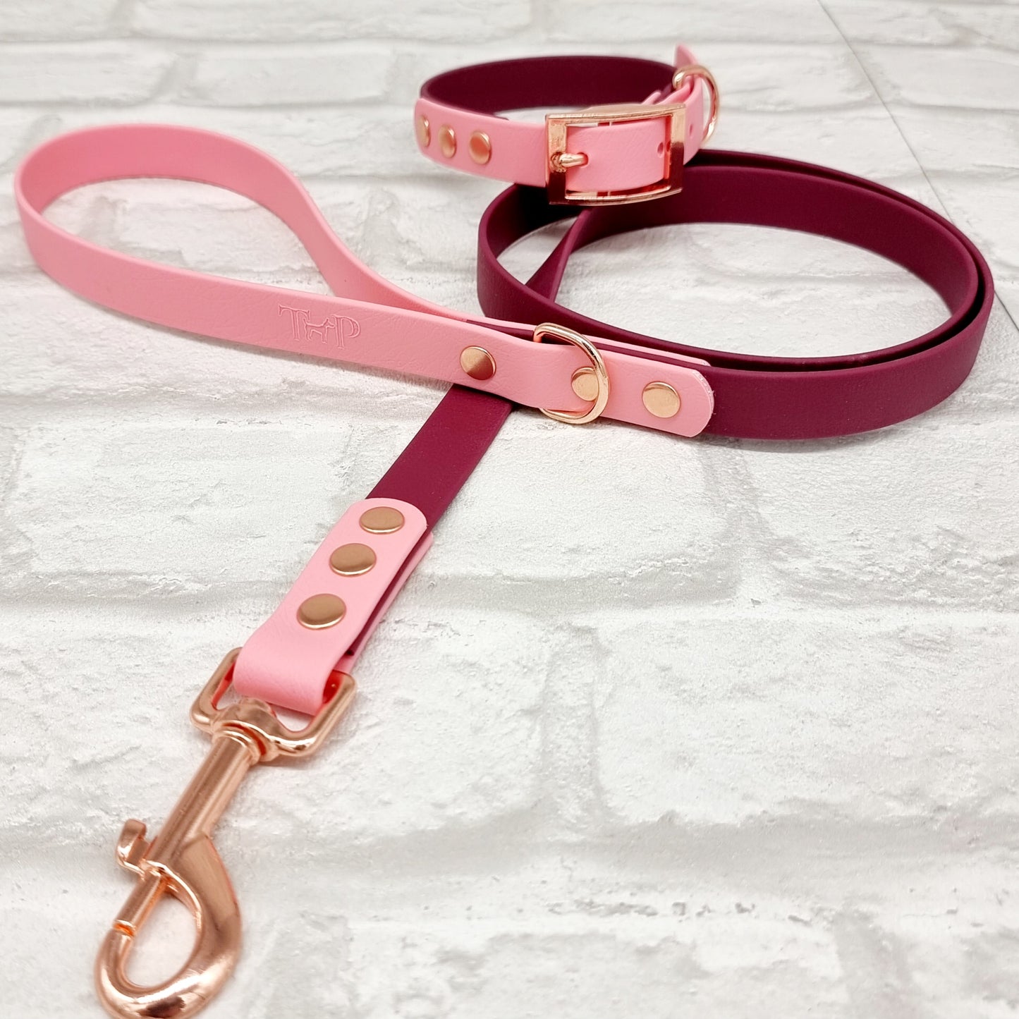 BURGUNDY / BABY PINK - Waterproof BioThane© 2-coloured Dog Collar/Lead/Set/Bundle