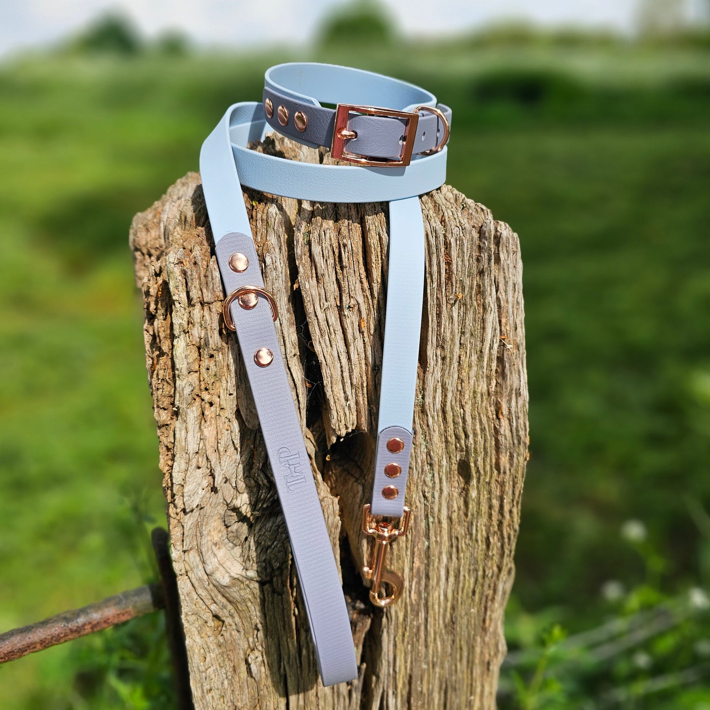 PASTEL BLUE / GREY - Waterproof BioThane© 2-coloured Dog Collar/Lead/Set/Bundle