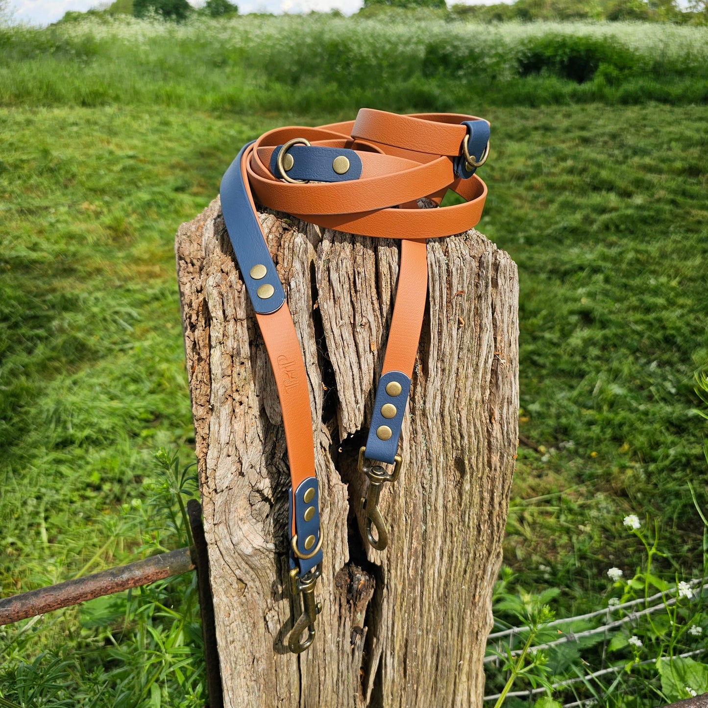 Light Brown / Navy - BioThane® waterproof Handsfree Dog Training Lead / Multiway Dog Lead
