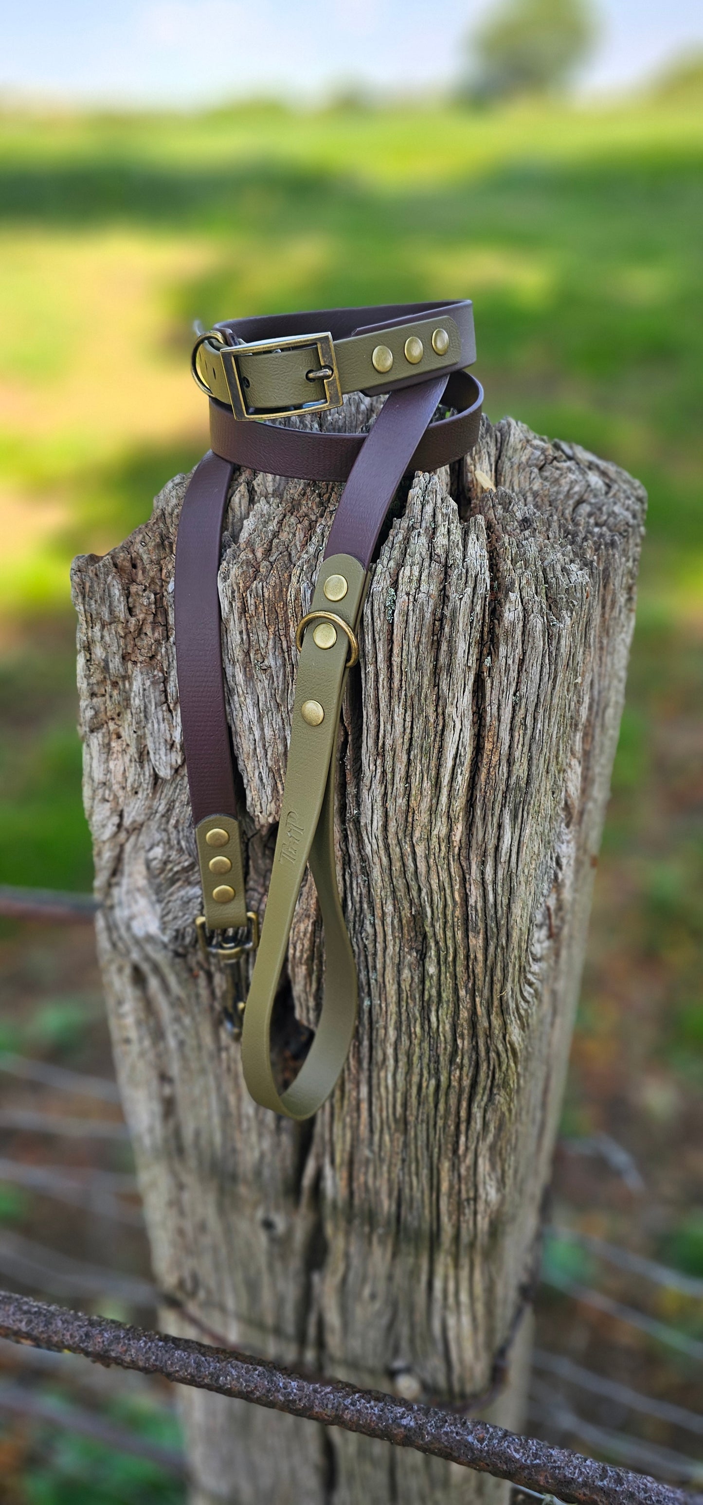 DARK BROWN / OLIVE - Waterproof BioThane© 2-coloured Dog Collar/Lead/Bundle