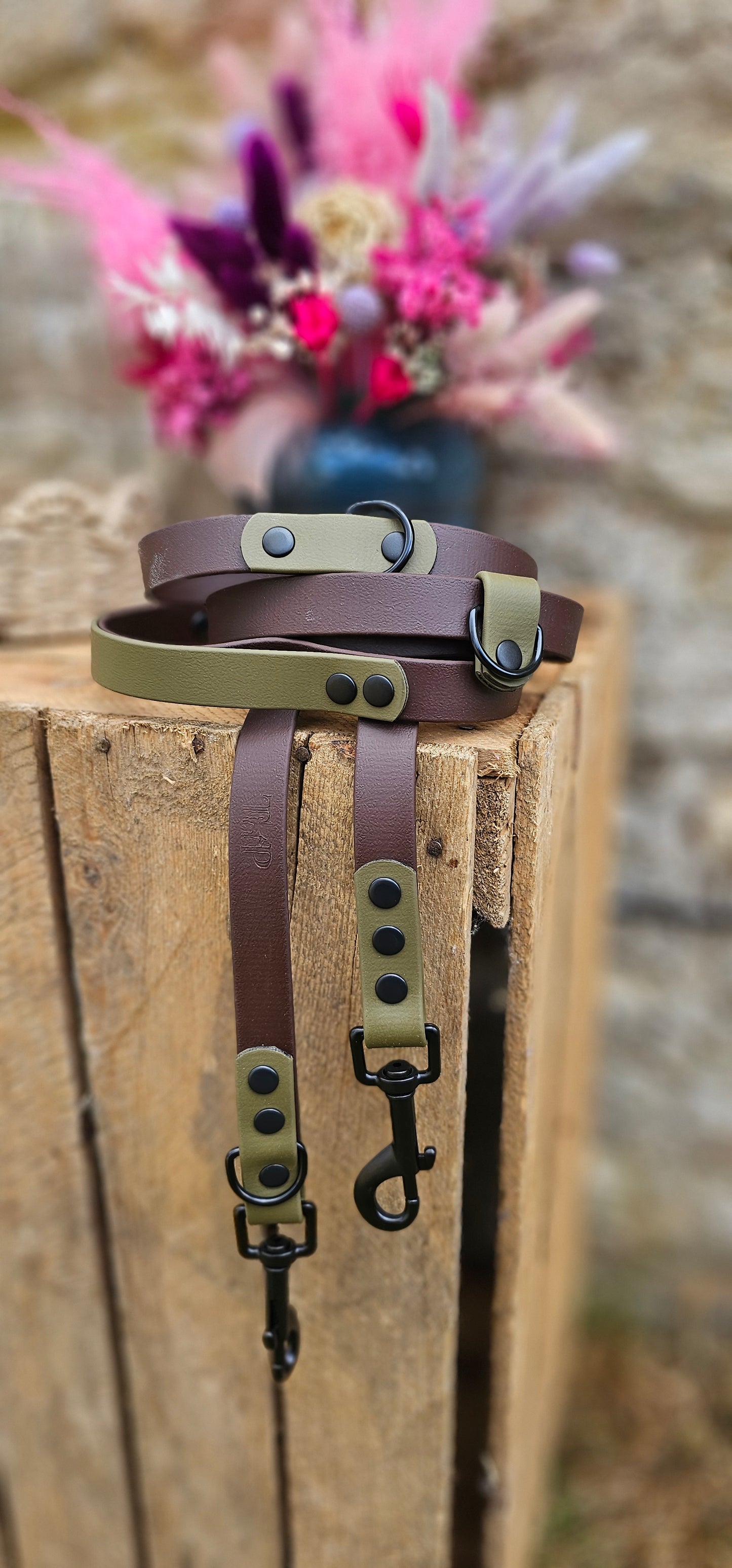 Dark Brown & Olive - BioThane® waterproof Handsfree Dog Training Lead / Multiway Dog Lead