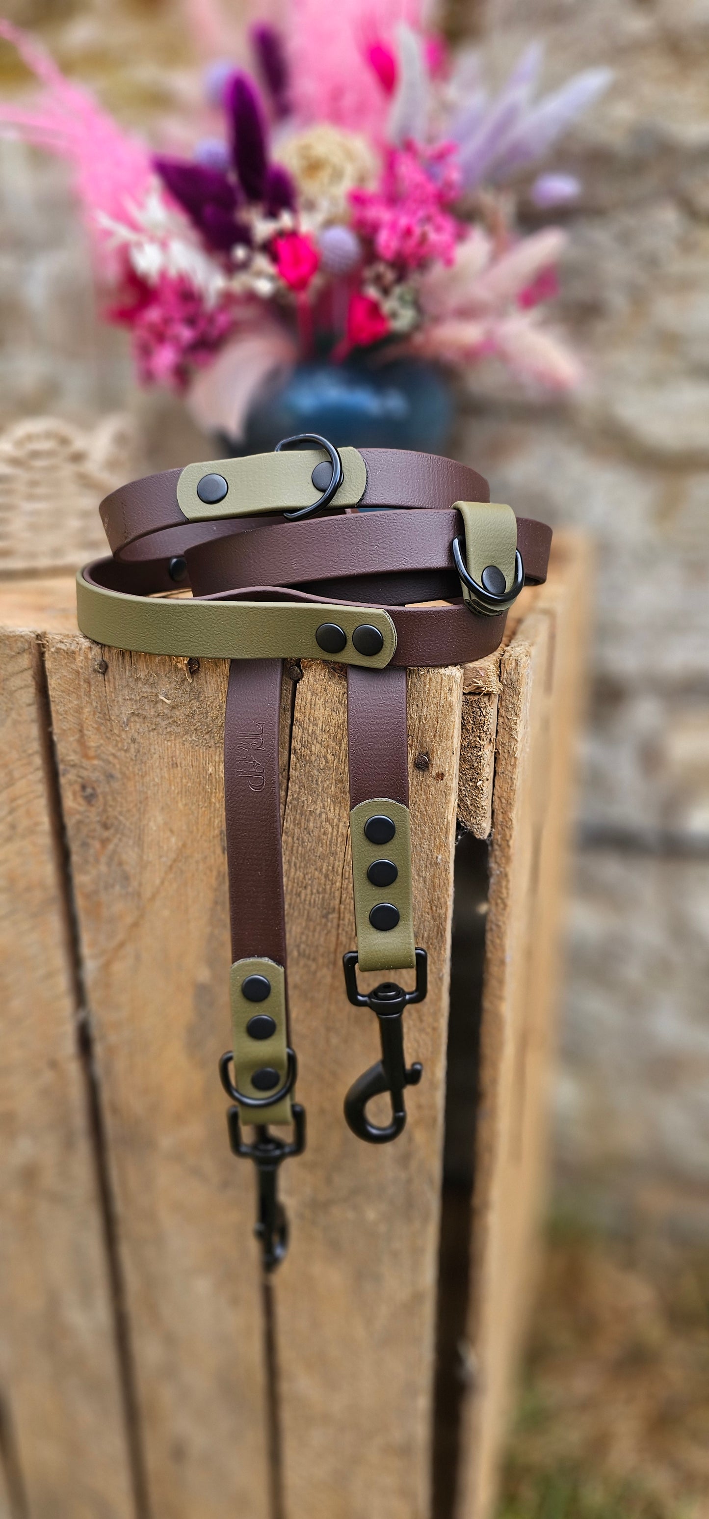 Dark Brown & Olive - BioThane® waterproof Handsfree Dog Training Lead / Multiway Dog Lead