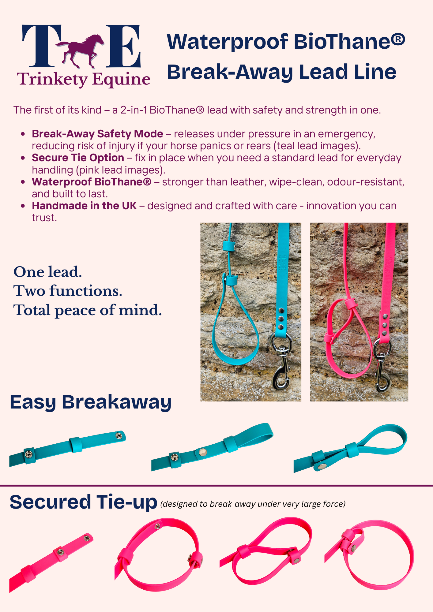 Navy - Waterproof BioThane® Horse break-away Lead Lines