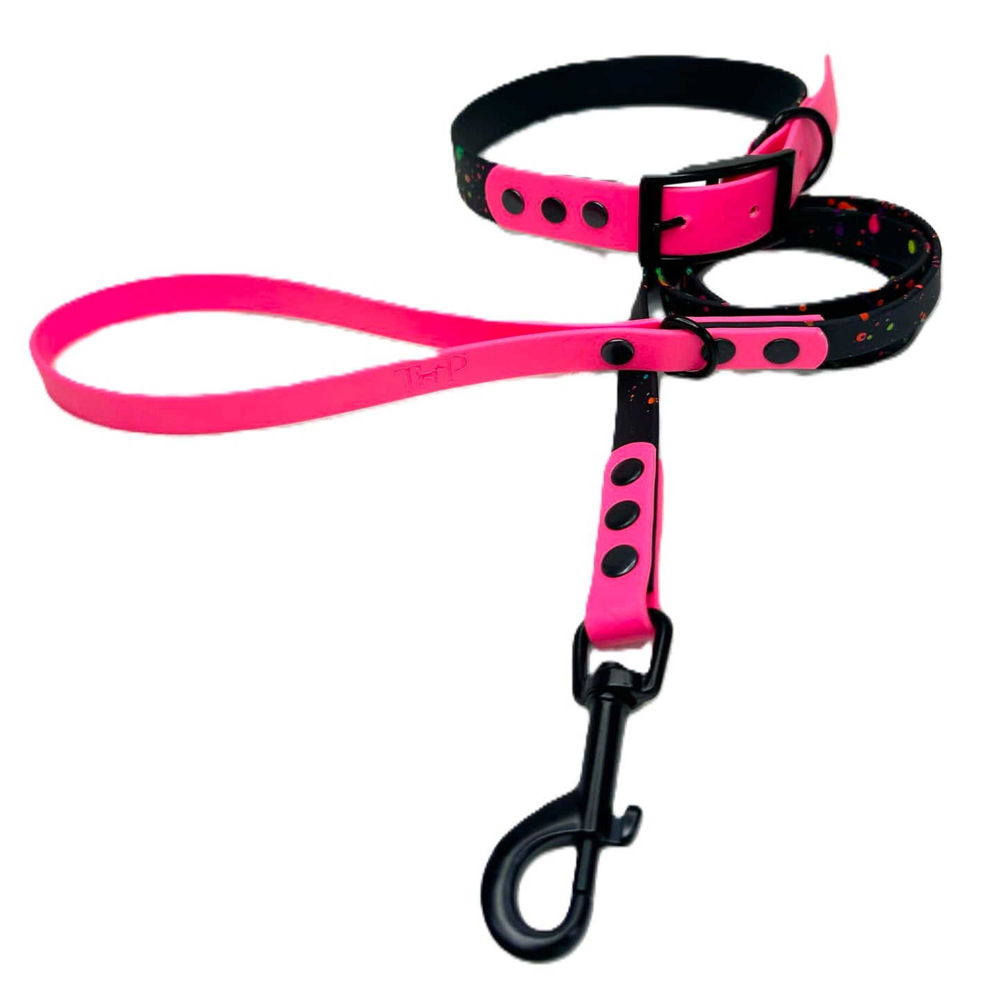 JfP - BLACK/NEONPINK Splatter - Waterproof BioThane© 2-coloured Dog Collar & Lead