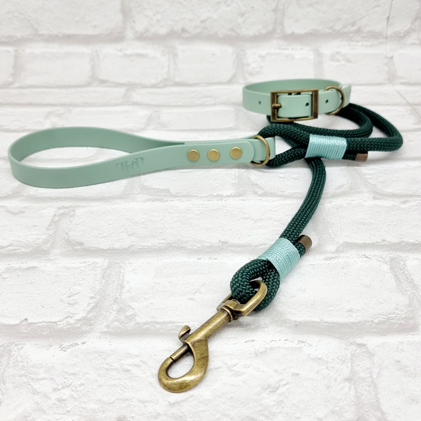 DARK GREEN & SAGE Premium Rope & BioThane® Dog Collar/Lead/Set/Bundl