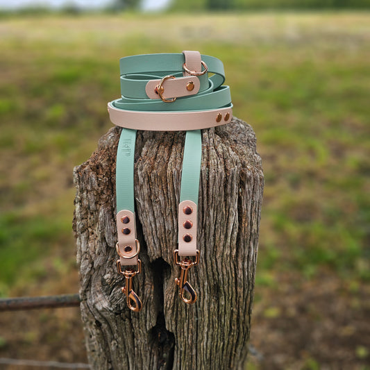 Sage & Powder Pearl - BioThane® waterproof Handsfree Dog Training Lead / Multiway Dog Lead