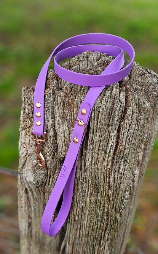 Purple dog leash with rosegold studs and a rose gold clasp on a wooden post.