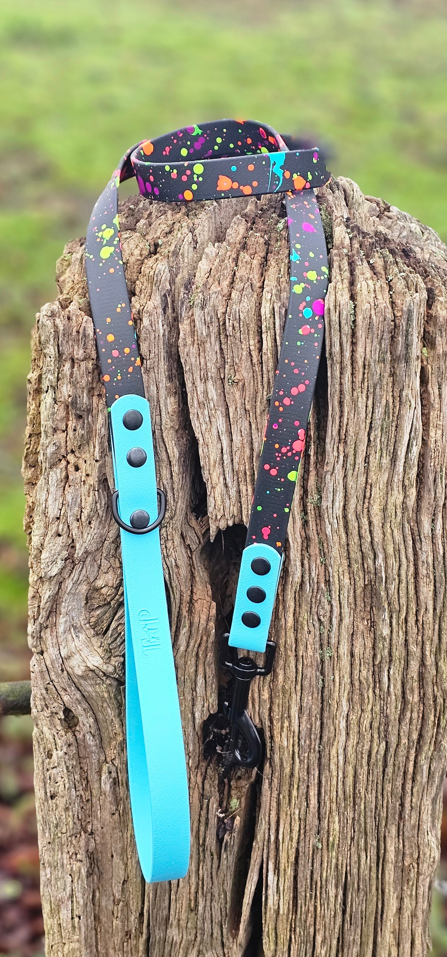 Black & Neon Blue – Waterproof BioThane® Splatter Dog Lead (Neon Collection)
