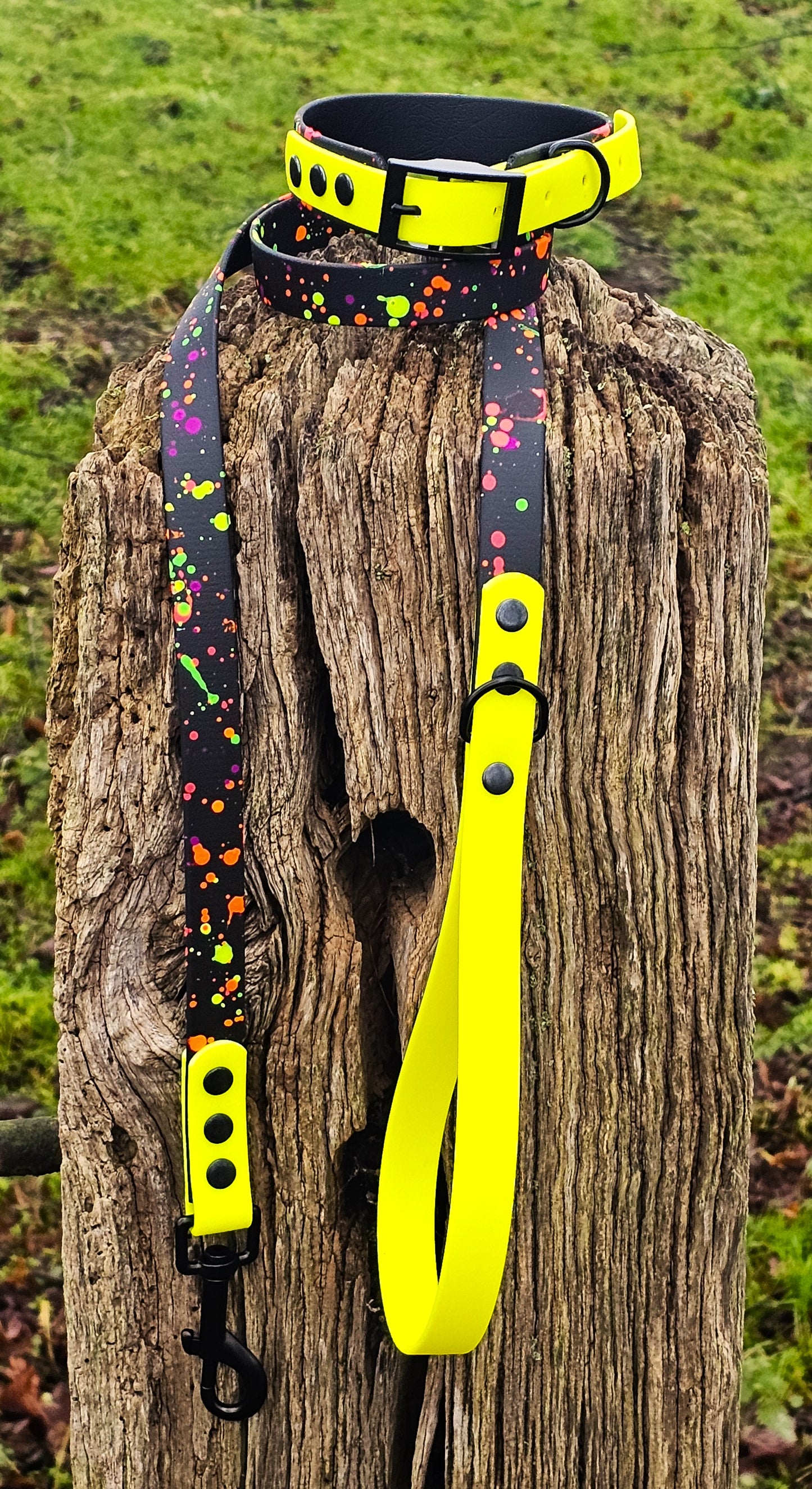 Black & Neon Yellow – Waterproof BioThane® Splatter Dog Collar (Neon Collection)