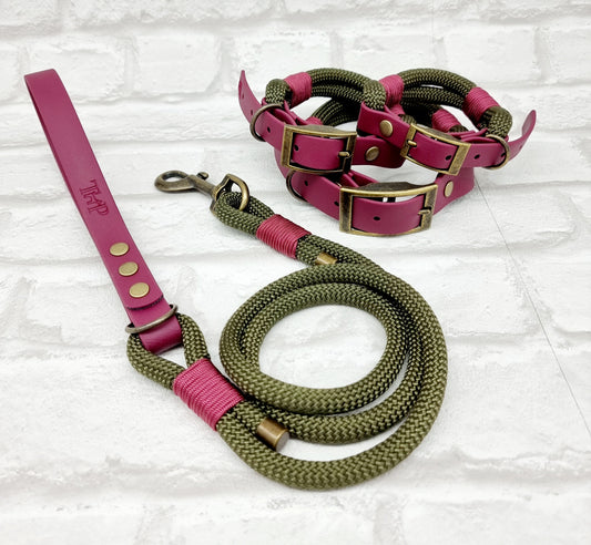 MILITARY GREEN & BURGUNDY - Premium Rope & BioThane® Dog Collar/Lead/Set/Bundles