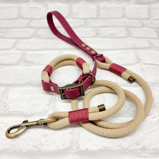 SAND & BURGUNDY - Premium Rope & BioThane® Dog Collar/Lead/Set/Bundles