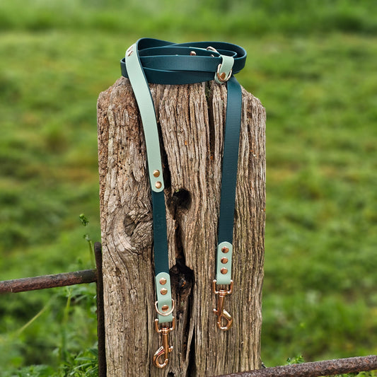 Dark Green & Sage - BioThane® waterproof Handsfree Dog Training Lead / Multiway Dog Lead