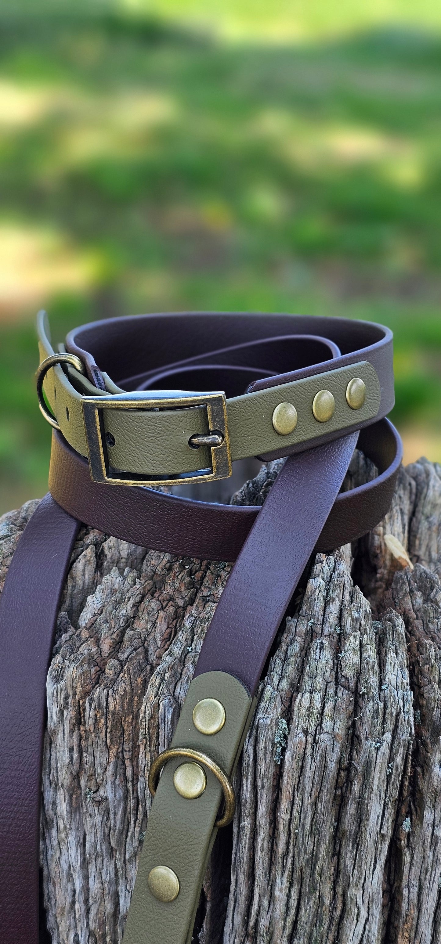 DARK BROWN / OLIVE - Waterproof BioThane© 2-coloured Dog Collar/Lead/Bundle