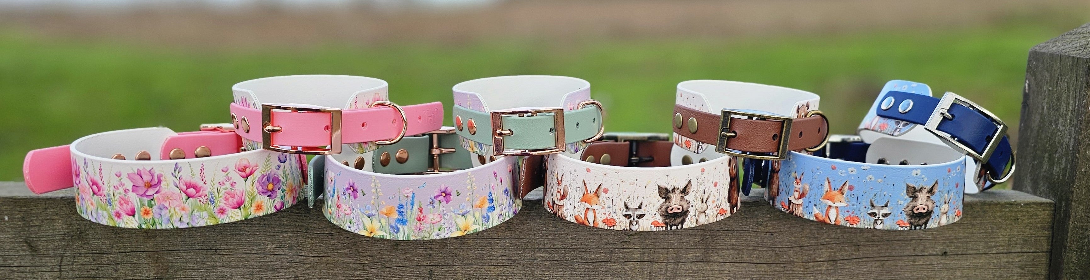 Collection of colorful dog collars on a wooden surface with a natural background