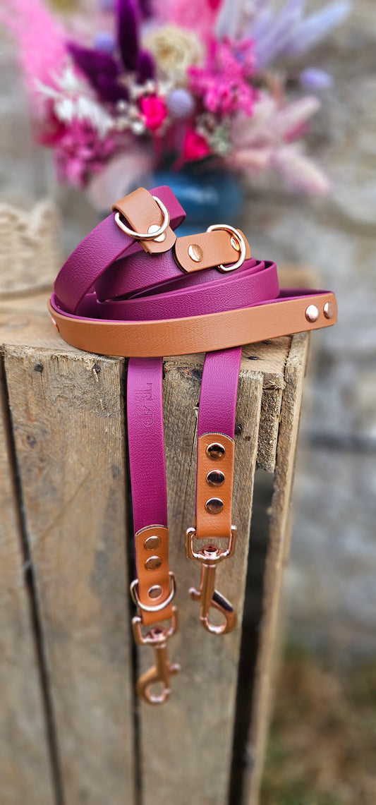 Burgundy & Light Brown - BioThane® waterproof Handsfree Dog Training Lead / Multiway Dog Lead