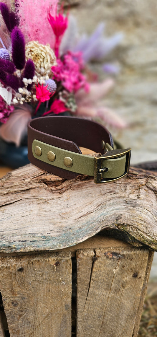 Dark Brown & Olive - Waterproof BioThane© two-coloured Wide Fit Dog Collar / Martingale Collar