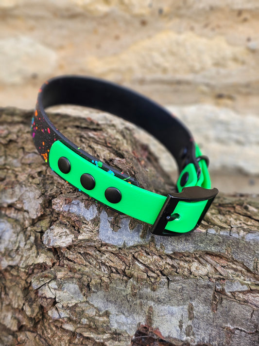 Black & Neon Green – Waterproof BioThane® Splatter Dog Collar (Neon Collection)