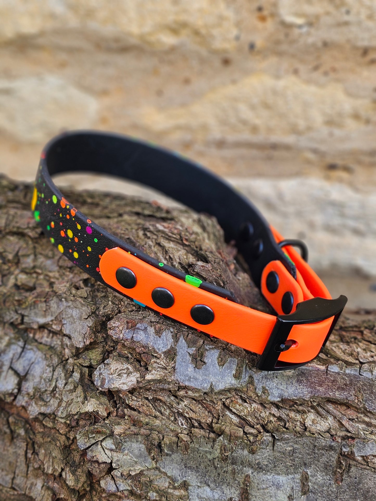 Black & Neon Orange – Waterproof BioThane® Splatter Dog Collar (Neon Collection)