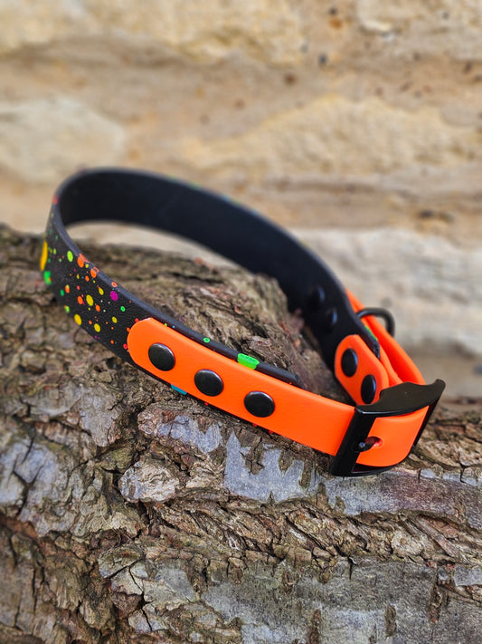 Black & Neon Orange – Waterproof BioThane® Splatter Dog Collar (Neon Collection)