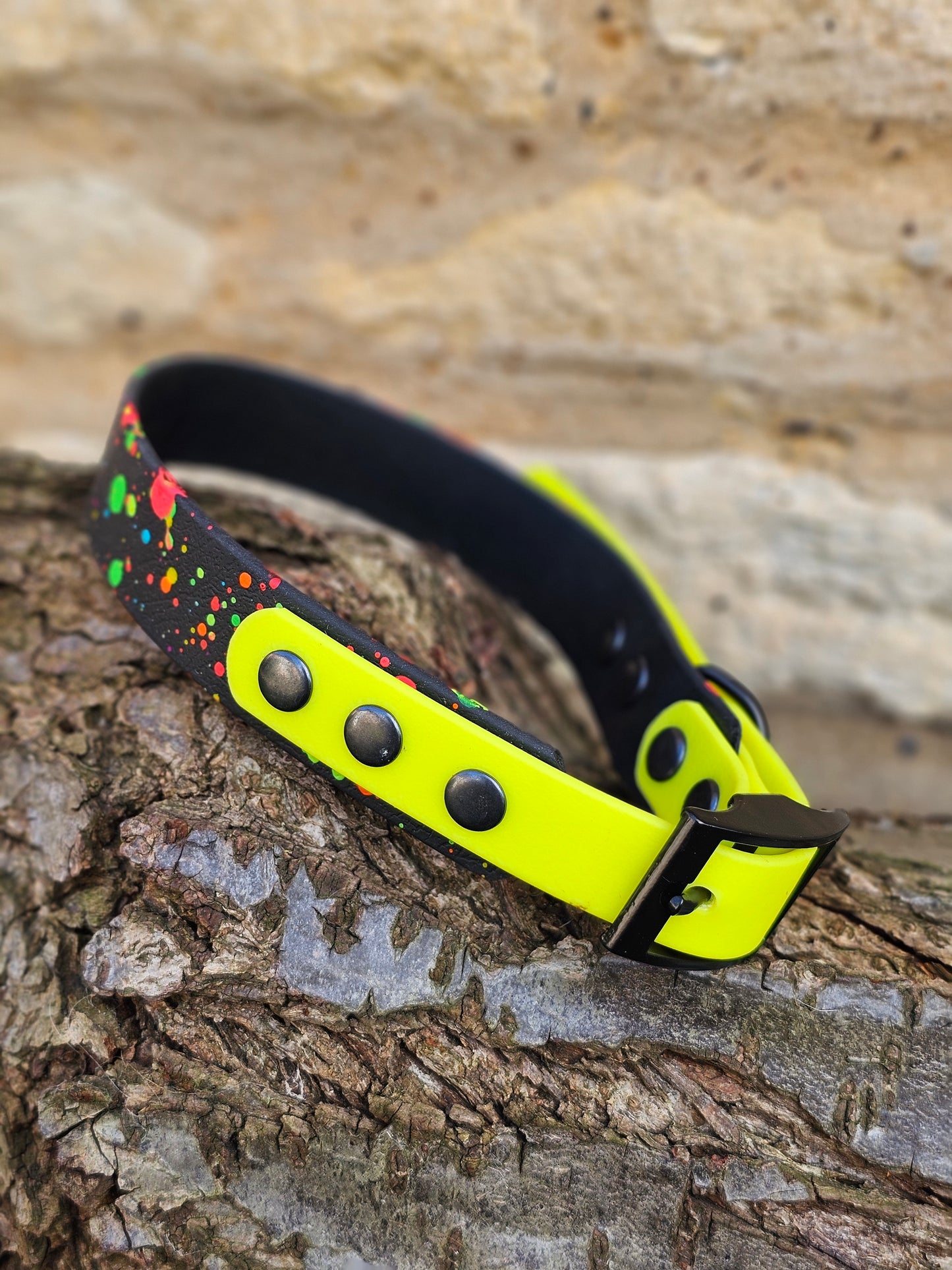 Black & Neon Yellow – Waterproof BioThane® Splatter Dog Collar (Neon Collection)