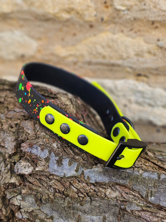 Black & Neon Yellow – Waterproof BioThane® Splatter Dog Collar (Neon Collection)