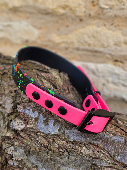 Black & Neon Pink – Waterproof BioThane® Splatter Dog Collar (Neon Collection)