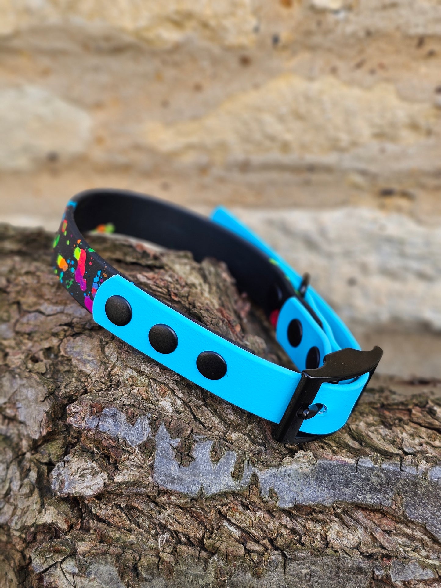 Black & Neon Blue – Waterproof BioThane® Splatter Dog Collar (Neon Collection)