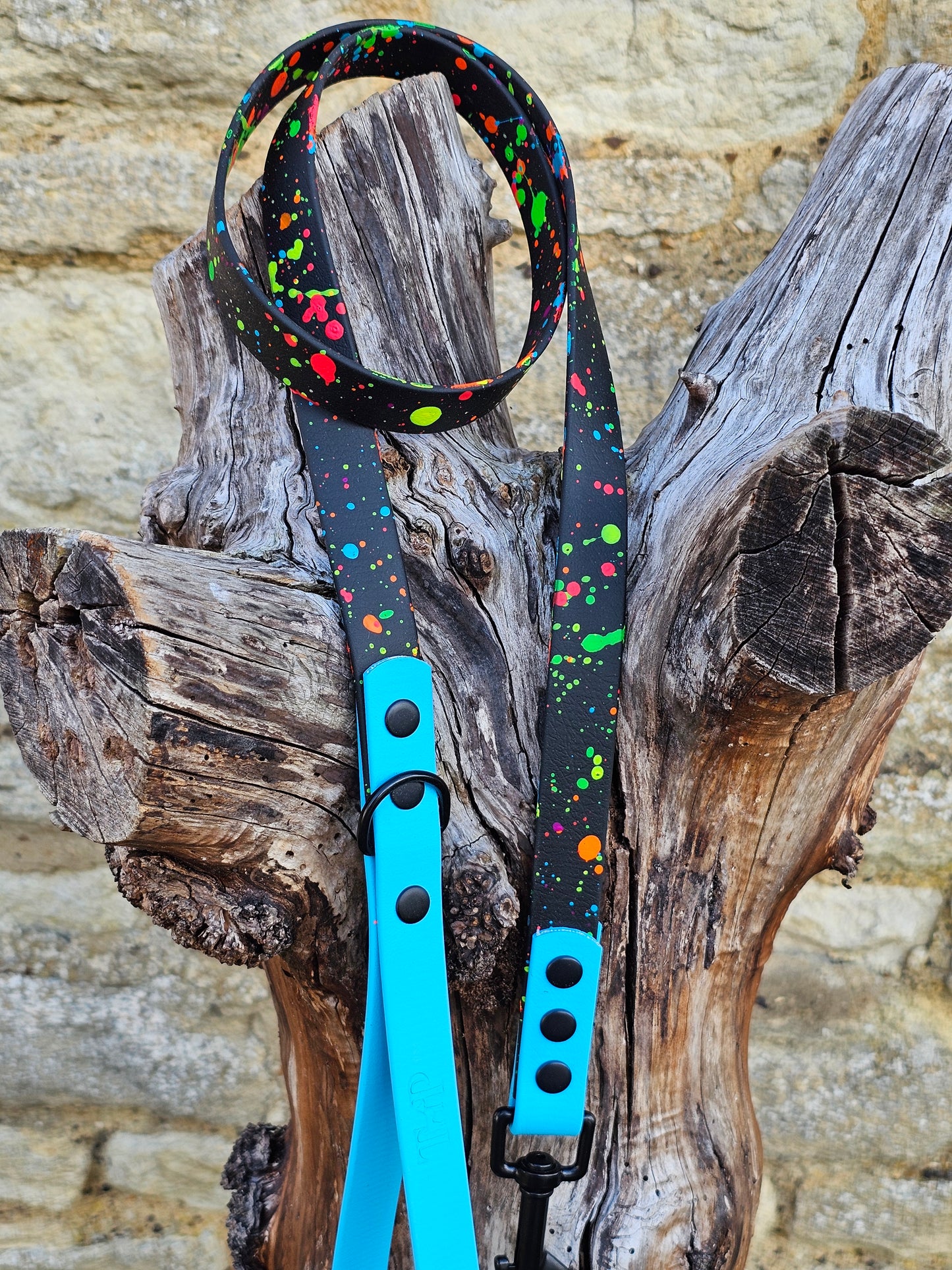 Black & Neon Blue – Waterproof BioThane® Splatter Dog Lead (Neon Collection)