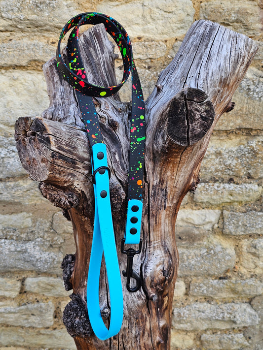 Black & Neon Blue – Waterproof BioThane® Splatter Dog Lead (Neon Collection)