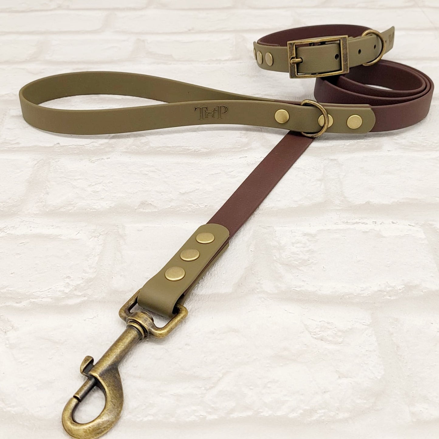 DARK BROWN / OLIVE - Waterproof BioThane© 2-coloured Dog Collar/Lead/Bundle