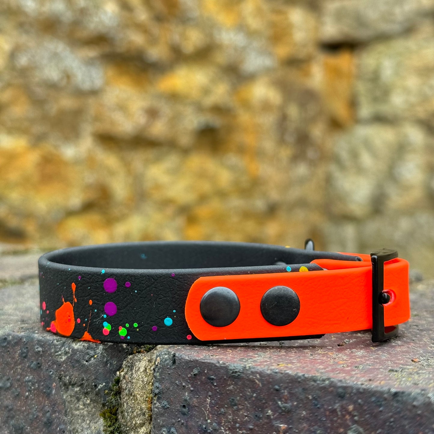 Black & Neon Orange – Waterproof BioThane® Splatter Dog Collar (Neon Collection)