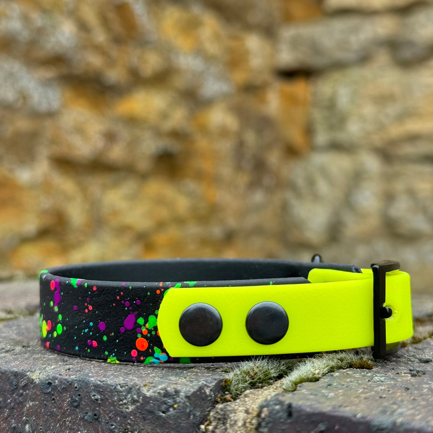 Black & Neon Yellow – Waterproof BioThane® Splatter Dog Collar (Neon Collection)