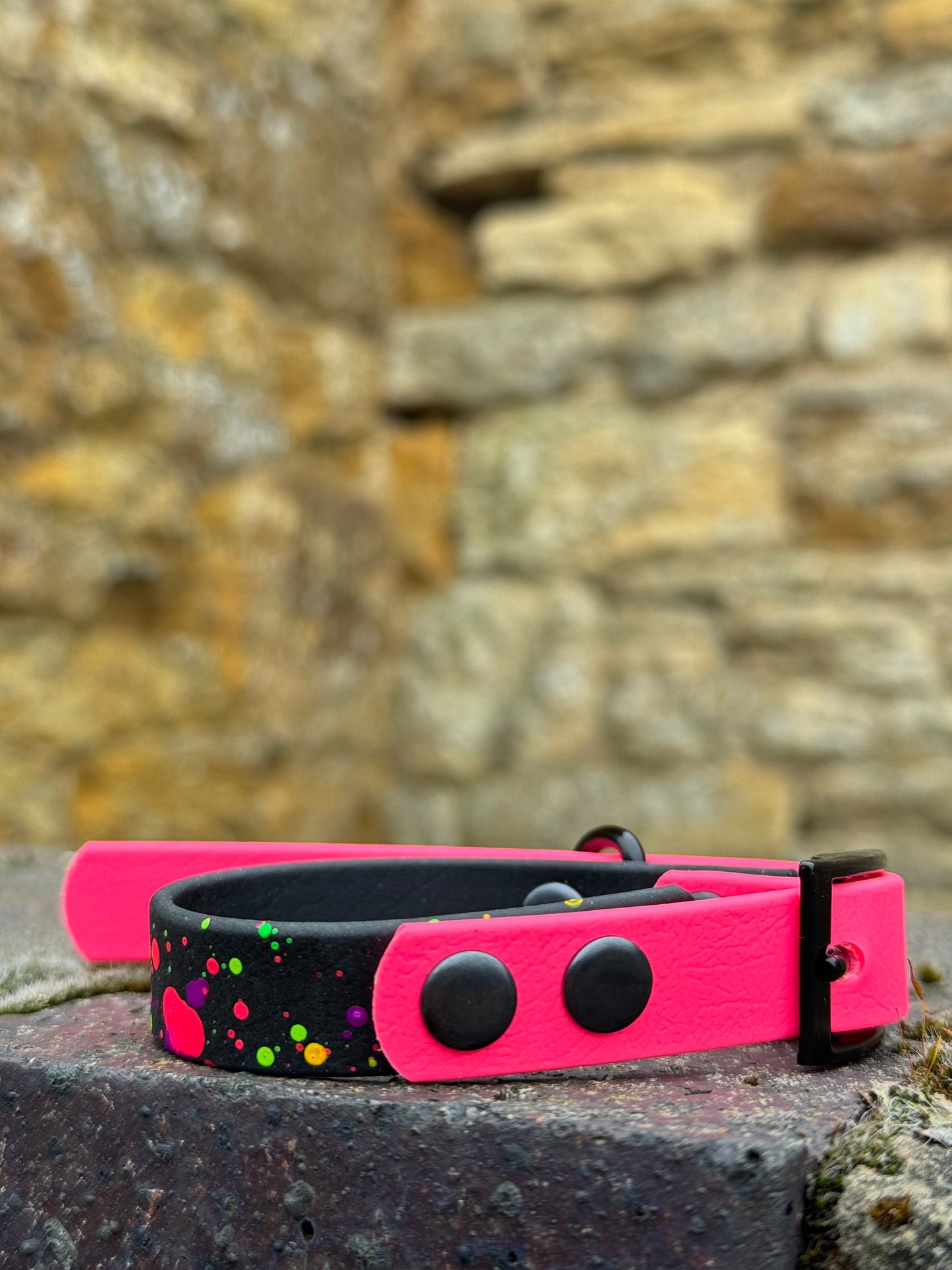 Black & Neon Pink – Waterproof BioThane® Splatter Dog Collar (Neon Collection)