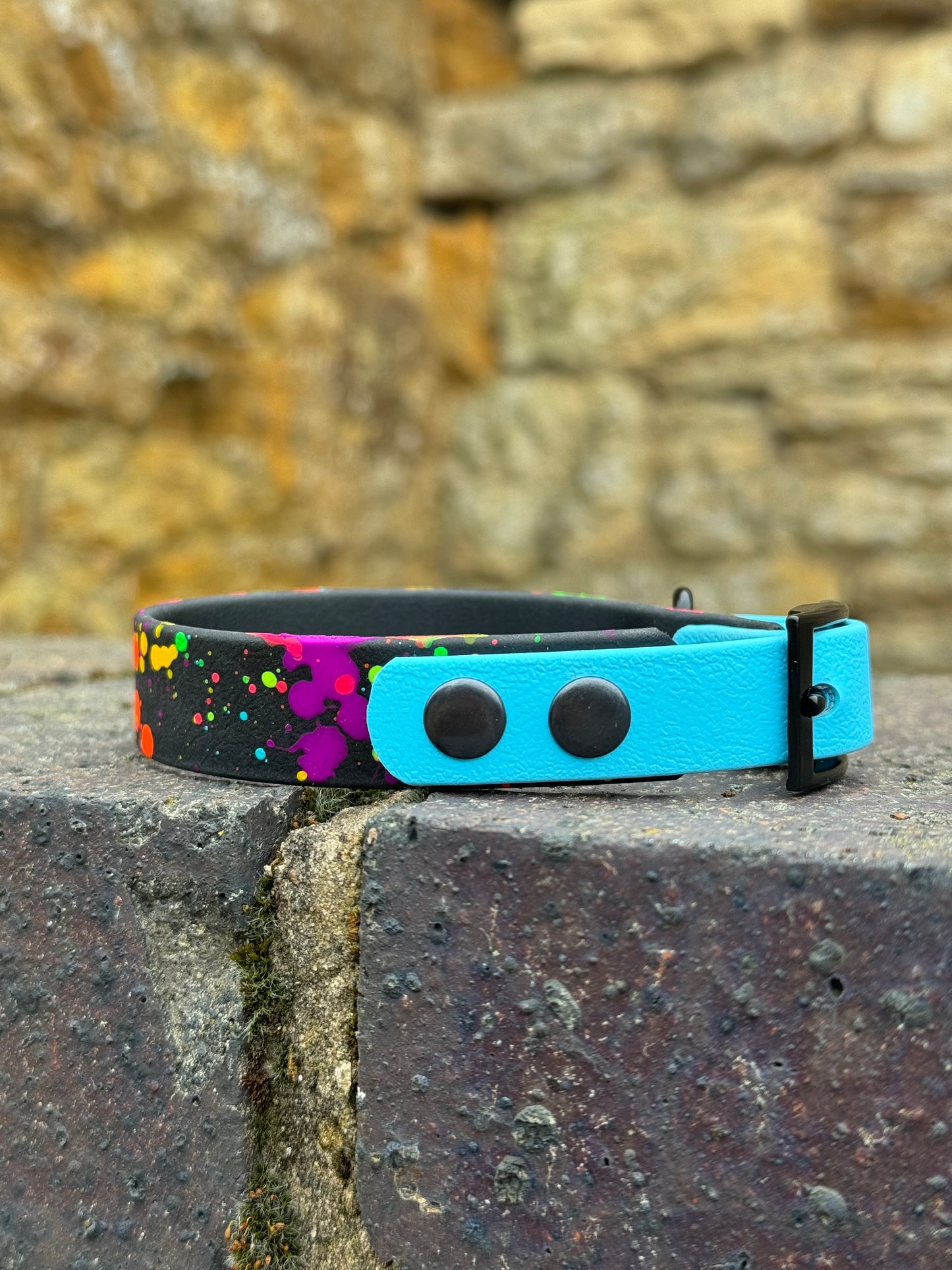 Black & Neon Blue – Waterproof BioThane® Splatter Dog Collar (Neon Collection)