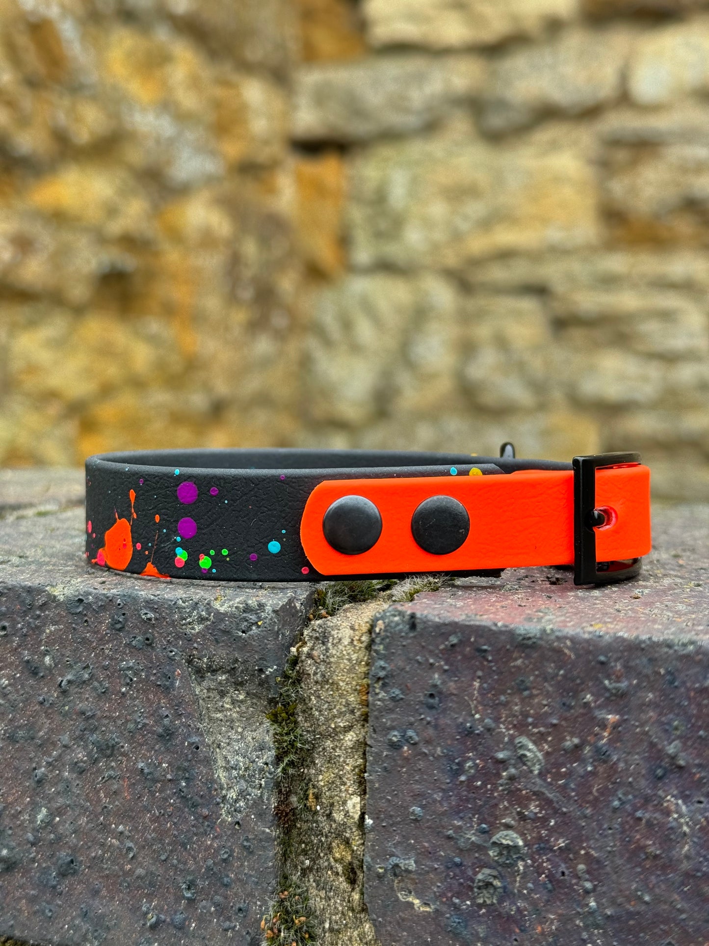 Black & Neon Orange – Waterproof BioThane® Splatter Dog Collar (Neon Collection)