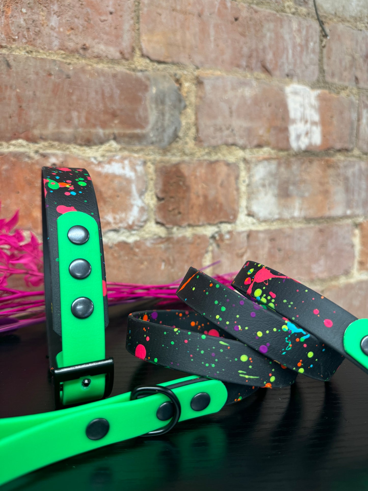 Neon Splatter Collection Neon Green -  BioThane waterproof Splatter Dog Collar & Lead