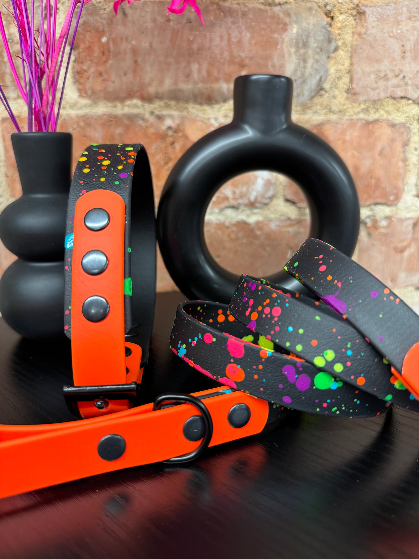Neon Splatter Collection Neon Orange -  BioThane waterproof Splatter Dog Collar & Lead
