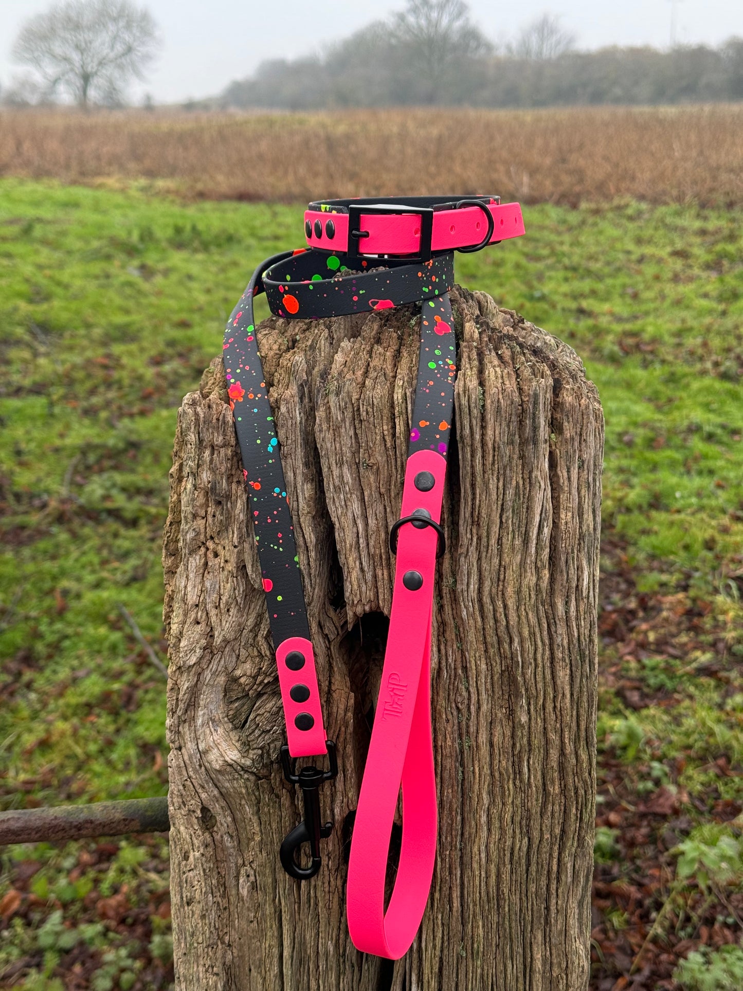 Black & Neon Pink – Waterproof BioThane® Splatter Dog Lead (Neon Collection)