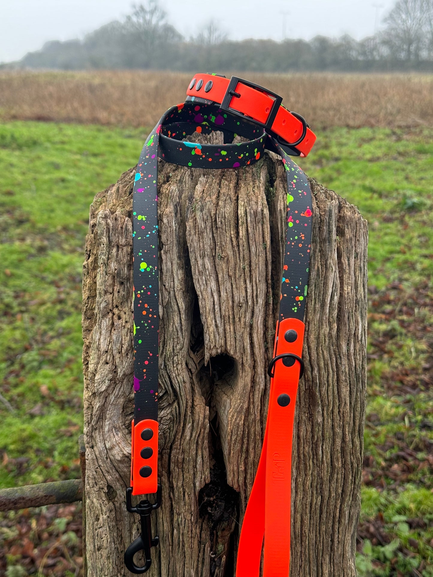 Black & Neon Orange – Waterproof BioThane® Splatter Dog Collar (Neon Collection)