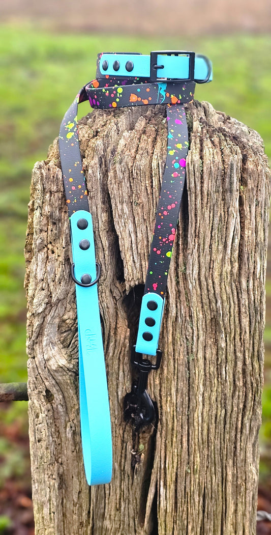 JfP - BLACK/NEONBLUE Splatter - Waterproof BioThane© 2-coloured Dog Collar & Lead