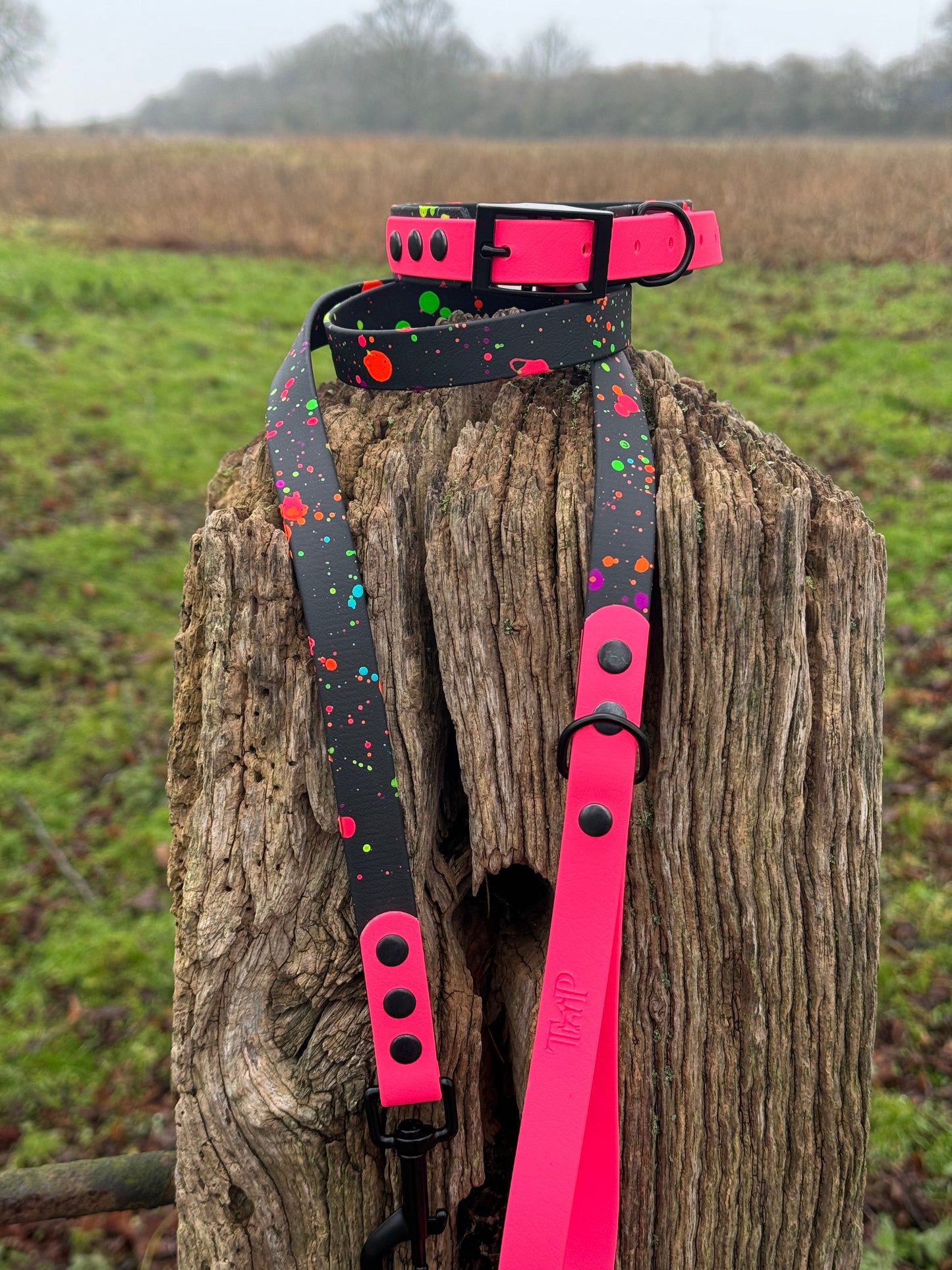 JfP - BLACK/NEONPINK Splatter - Waterproof BioThane© 2-coloured Dog Collar & Lead